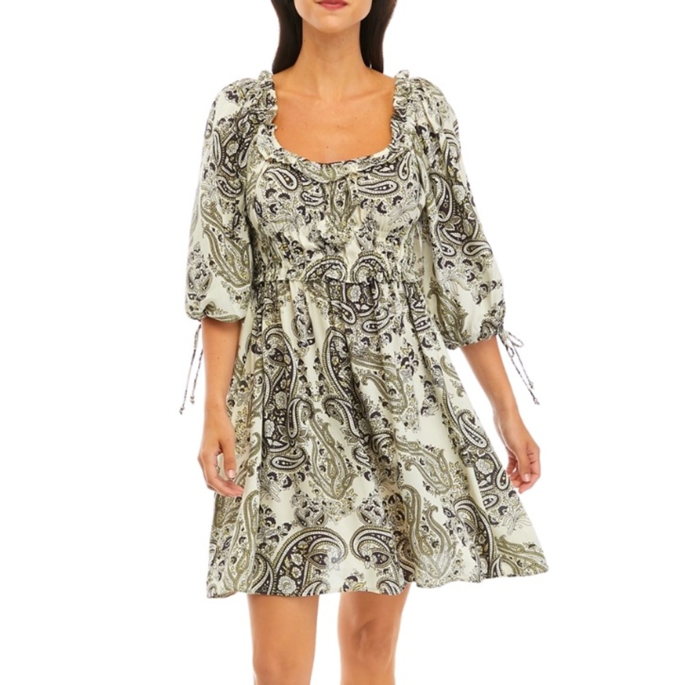 Elie Tahari Women's Paisley Printed Puff Sleeve  Mini Dress Bohemian Size M